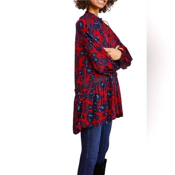 Free People Love Letter Boho Tunic Top Longsleeve Button down Blouse Blue Red XS - Picture 3 of 9
